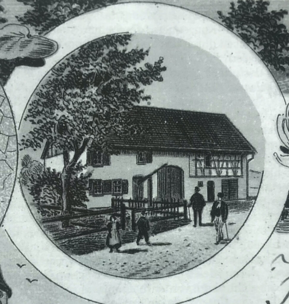 Zeichnung des Pfarrhauses von Illmensee mit Brunnen, Ausschnitt aus einer alten Postkarte